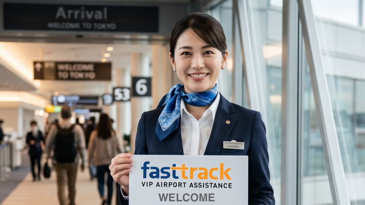 Asia FastTrack VIP greeter welcoming executive traveller at Japan airport arrivals hall