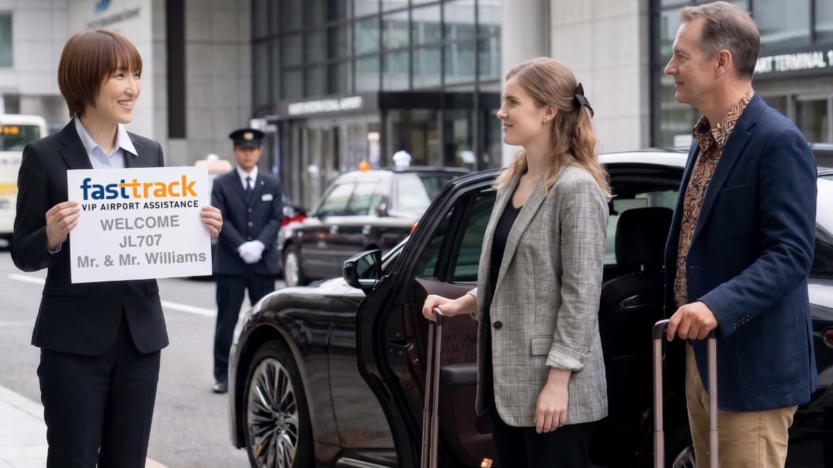 Asia FastTrack VIP greeter welcoming executive travellers couple at Japan airport curbside for departure